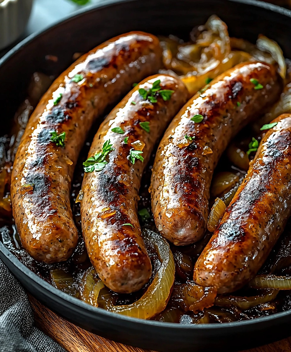 Braised Beer Brats with Onions